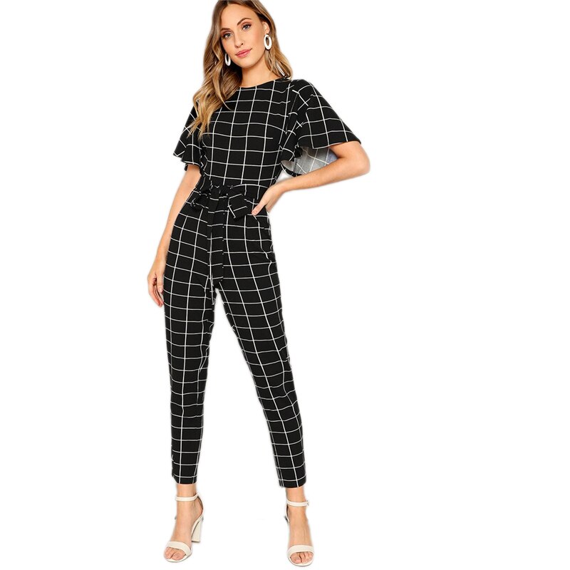 Women's Plaid Print Black Belted Jumpsuit
