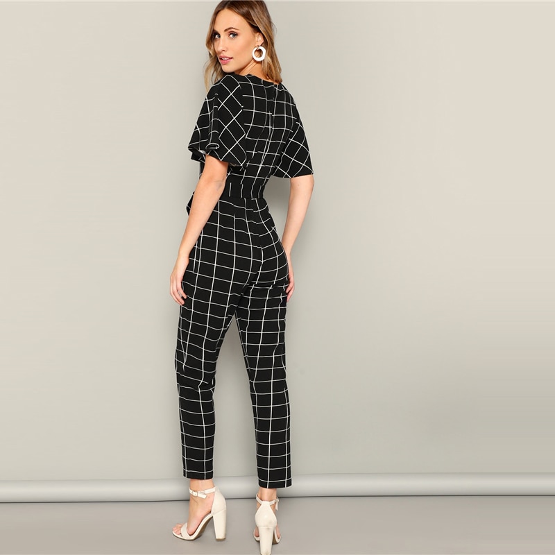 Women's Plaid Print Black Belted Jumpsuit