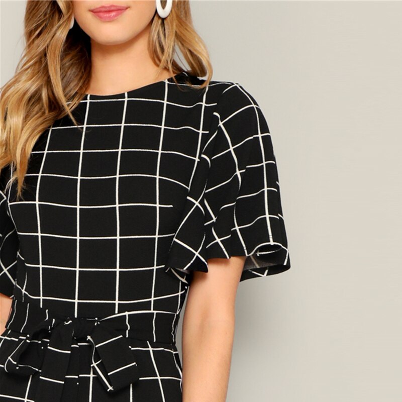 Women's Plaid Print Black Belted Jumpsuit