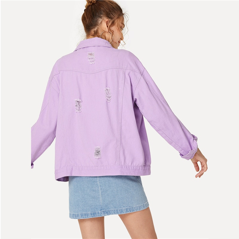 Oversize Lilac Color Ripped Denim Women's Jacket