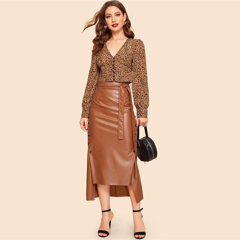 Women's Brown Elegant Style Split Skirt