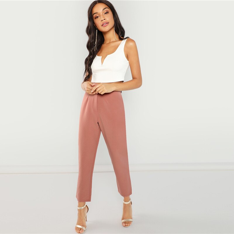 Women's Pink High Waist Cropped Design Pants